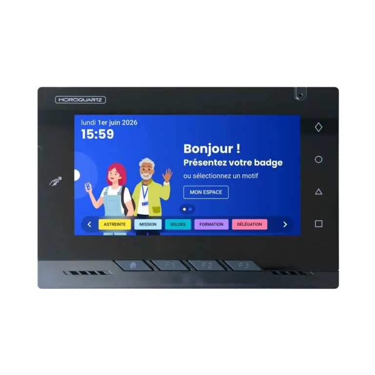 Badgeuse Pulsi à écran tactile affichant « Bonjour ! Présentez votre badge » et des motifs de badgeage